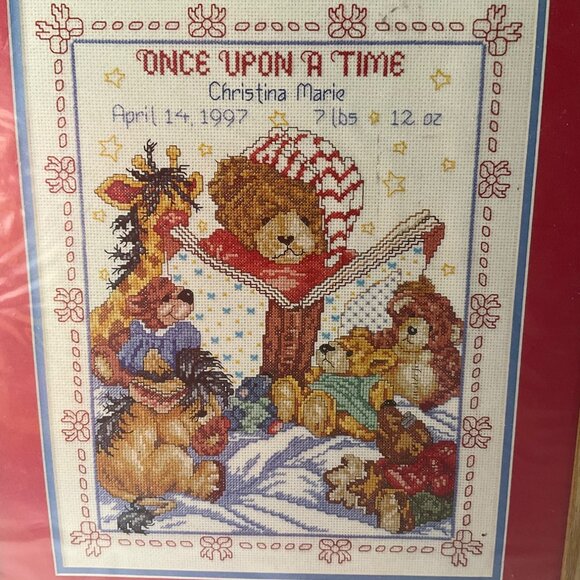 VTG 90's Bucilla Baby Bear Once Upon A Time Cross Stitch Birth Record Kit - Picture 3 of 9